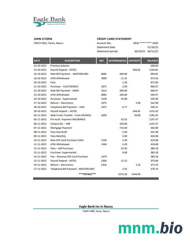Szablon wyciągu bankowego Nauru Bank of nauru w programie Word i PDF
